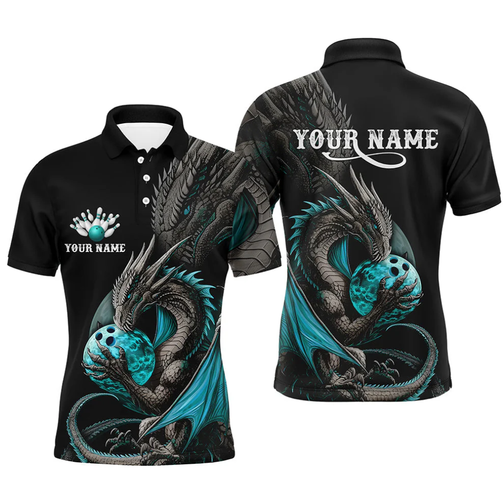 Custom Dragon Mens Bowling Polo Shirt, Black And Red Custom Dragon Bowling Shirt BZ0639