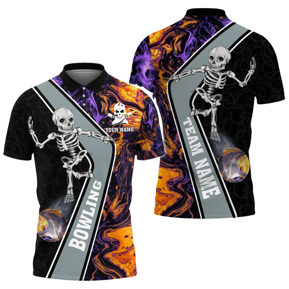 Custom Skeleton Flame Bowling Mens Polo Shirt, Custom Skull Bowling Team Shirts BZ0649