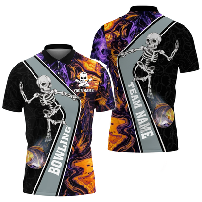 Custom Skeleton Flame Bowling Mens Polo Shirt, Custom Skull Bowling Team Shirts BZ0649