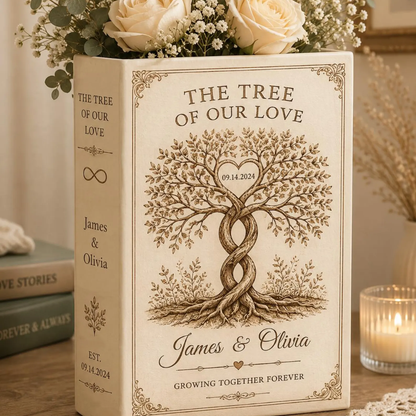 The Tree Of Our Love Growing Together Forever Custom Wedding Anniversary Ceramic Book Vase, Custom Couple Heart Tree Book Vase For Wedding WD0558
