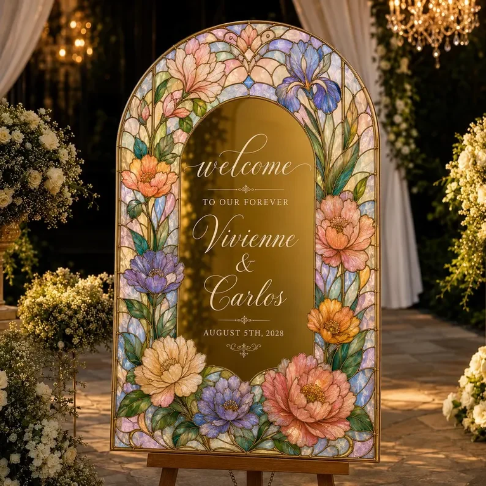 Personalized Colorful Flower Stained Glass Wedding Acrylic Mirror Sign, Personalized Floral Stained Glass Wedding Sign WD0755