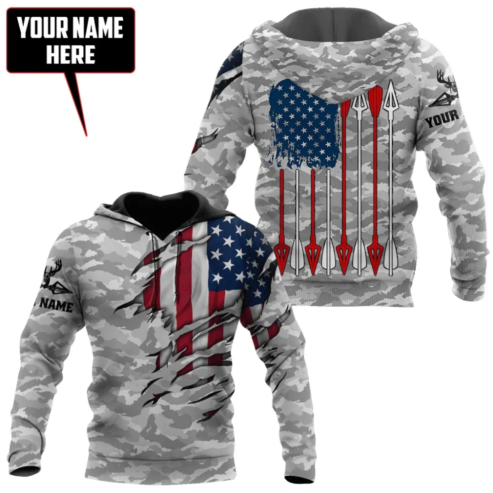 Bow Hunting Custom Grey Camo USA Flag Hoodie 3D Printed, Custom Bow Hunter Hoodie 2D1196