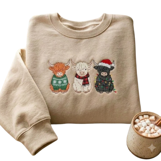 Highland Cow Christmas Embroidered Sweatshirt, Cow Lover Xmas Sweatshirt 2D1129