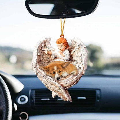 Sleeping Corgi Protected By Angel Car Hanging Ornament Lasfour OO1097