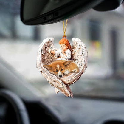 Sleeping Corgi Protected By Angel Car Hanging Ornament Lasfour OO1097