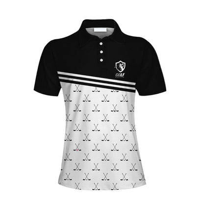 Crossed Black Golf Clubs Golf Short Sleeve Women Polo Shirt, Black And White Golf Shirt For Ladies Lasfour SO1415