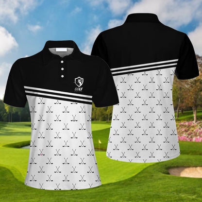 Crossed Black Golf Clubs Golf Short Sleeve Women Polo Shirt, Black And White Golf Shirt For Ladies Lasfour SO1415