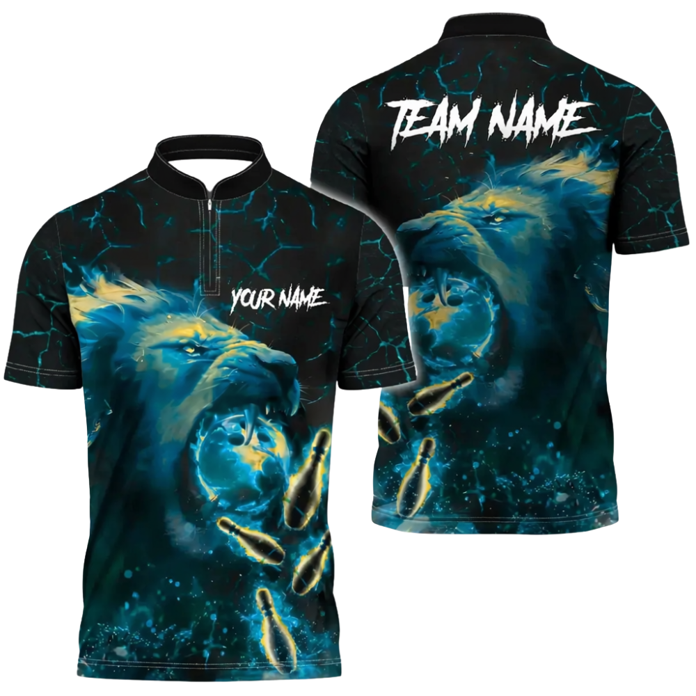 Custom Lion Blue Flame Bowling Jersey Shirt For Men, Custom Lion Bowling Team Shirt BZ0731