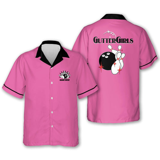 Lasfour Personalized Pink Button Down Bowling Hawaiian Shirts for Girls HB0145