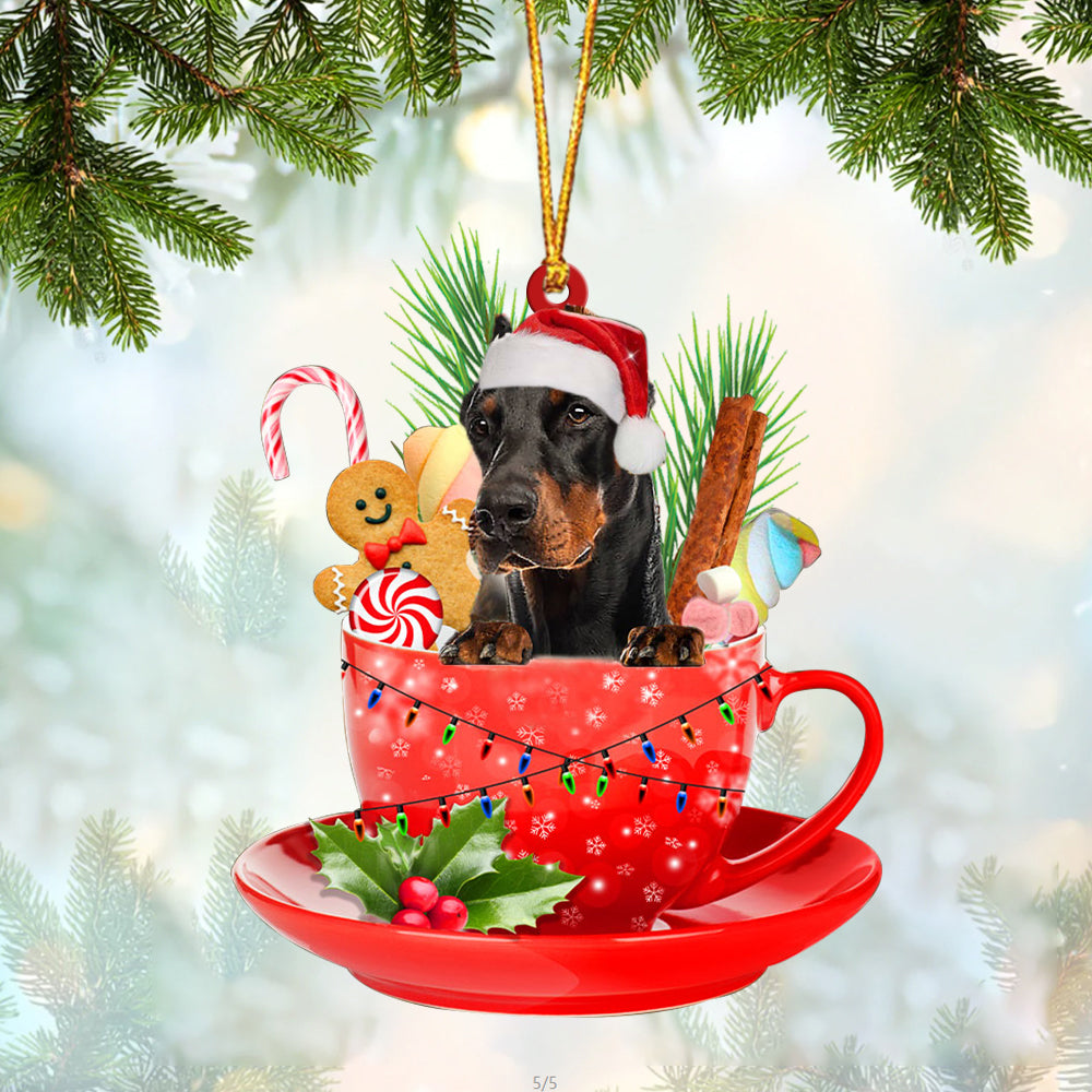 Dobermann In Cup Merry Christmas Ornament Flat Acrylic Dog Ornament OO1861