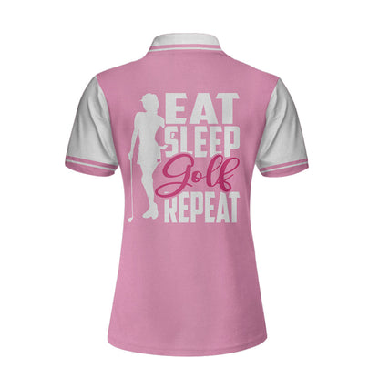Eat Sleep Golf Repeat Golf Short Sleeve Women Polo Shirt, Pink Argyle Golf Shirt For Her SO1059