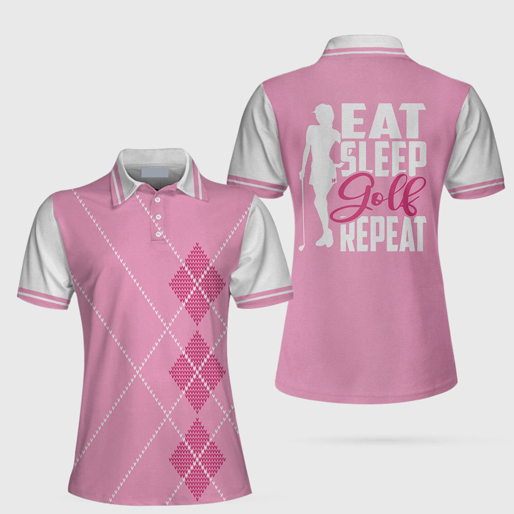 Eat Sleep Golf Repeat Golf Short Sleeve Women Polo Shirt, Pink Argyle Golf Shirt For Her SO1059