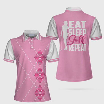 Eat Sleep Golf Repeat Golf Short Sleeve Women Polo Shirt, Pink Argyle Golf Shirt For Her SO1059