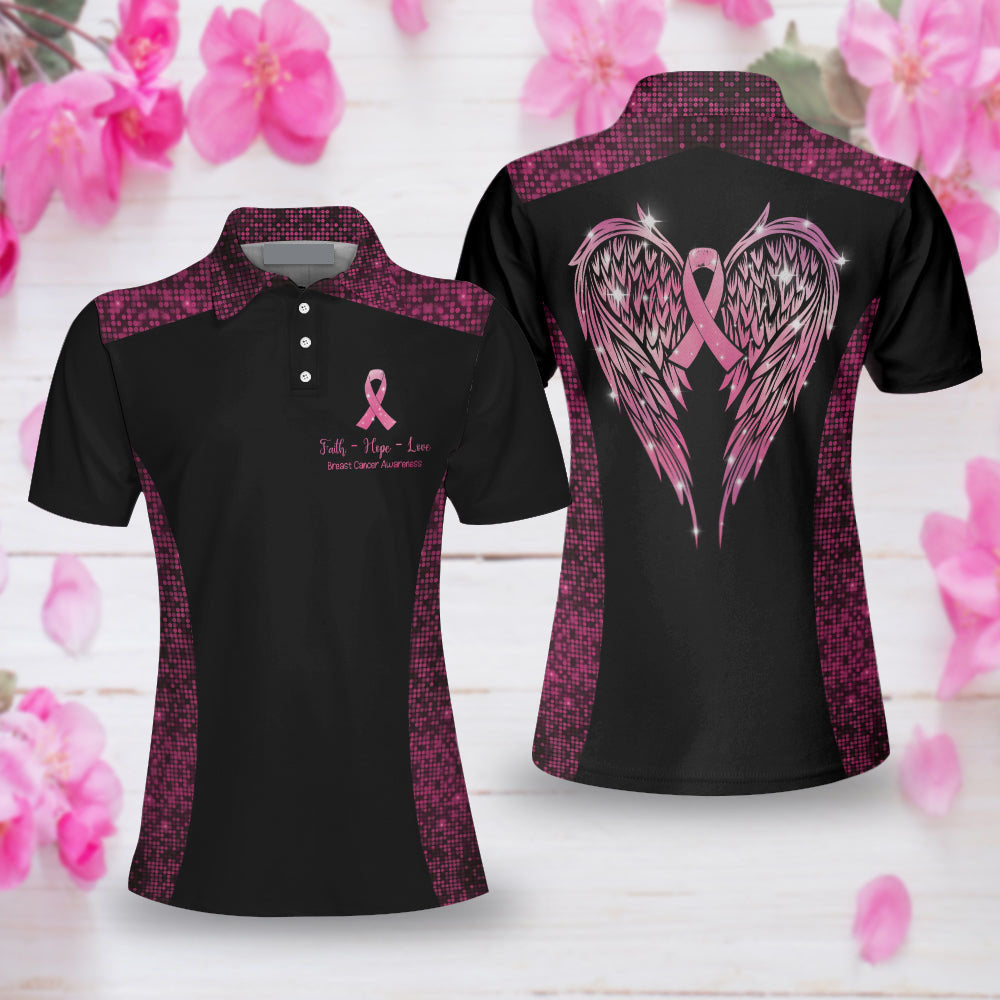 Faith Hope Love Angel Wings Breast Cancer Awareness Short Sleeve Women Polo Shirt, Pink Awareness Ribbon Polo Shirt For Ladies Lasfour SO0715