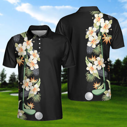 Floral Golf Club And Ball Polo Shirt, Wild Floral And Leaves Golfing Polo Shirt, Tropical Golf Shirt For Men Lasfour SO1411