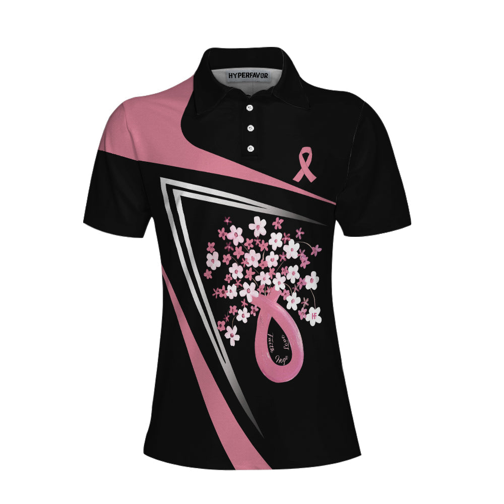 Flowers Faith Hope Love Pink Breast Cancer Awareness Short Sleeve Women Polo Shirt, Awareness Ribbon Polo Shirt For Ladies Lasfour SO0687
