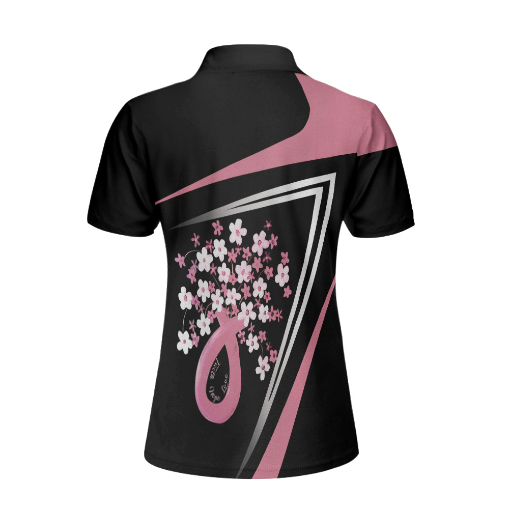 Flowers Faith Hope Love Pink Breast Cancer Awareness Short Sleeve Women Polo Shirt, Awareness Ribbon Polo Shirt For Ladies Lasfour SO0687