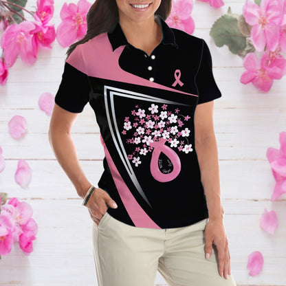 Flowers Faith Hope Love Pink Breast Cancer Awareness Short Sleeve Women Polo Shirt, Awareness Ribbon Polo Shirt For Ladies Lasfour SO0687