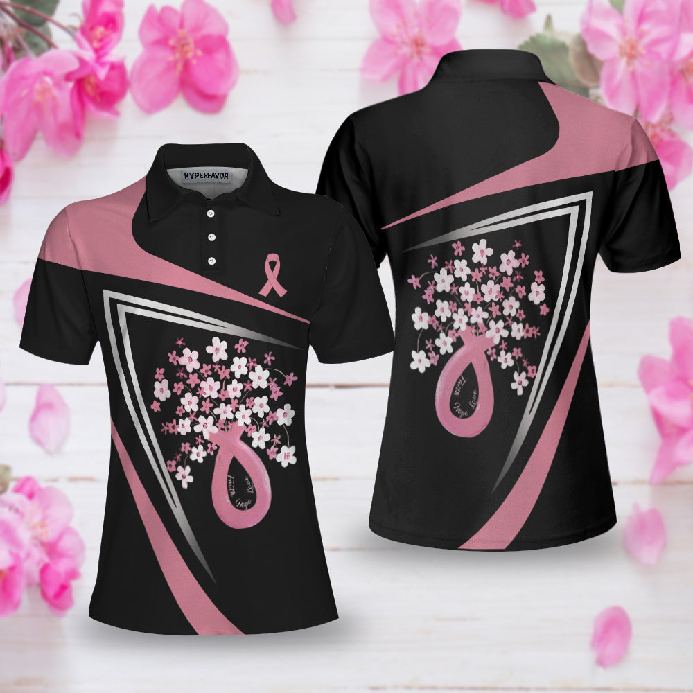 Flowers Faith Hope Love Pink Breast Cancer Awareness Short Sleeve Women Polo Shirt, Awareness Ribbon Polo Shirt For Ladies Lasfour SO0687