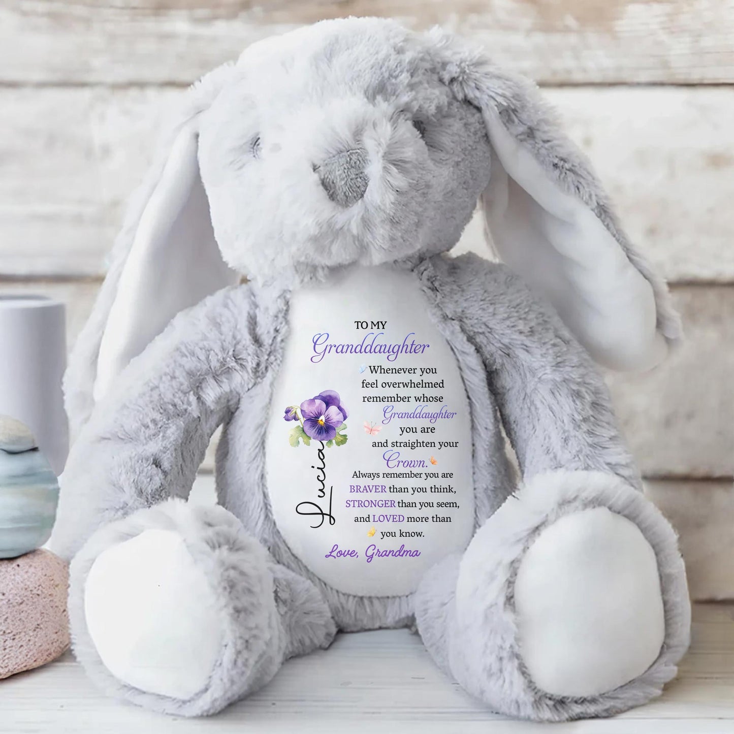 Straighten Your Crown You Are Braver Stronger Loved Personalized Birth Flower Stuffed Bunny, To My Granddaughter Whenever You Feel Overwhelmed Personalized Stuffed Bunny For For Daughter Granddaughter TD0020