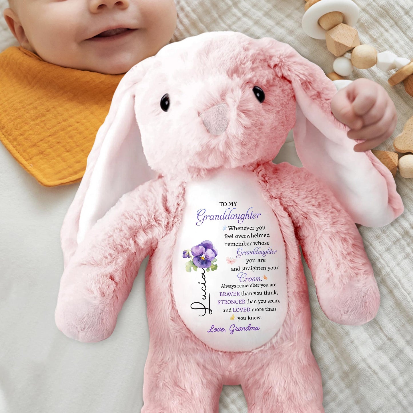 Straighten Your Crown You Are Braver Stronger Loved Personalized Birth Flower Stuffed Bunny, To My Granddaughter Whenever You Feel Overwhelmed Personalized Stuffed Bunny For For Daughter Granddaughter TD0020