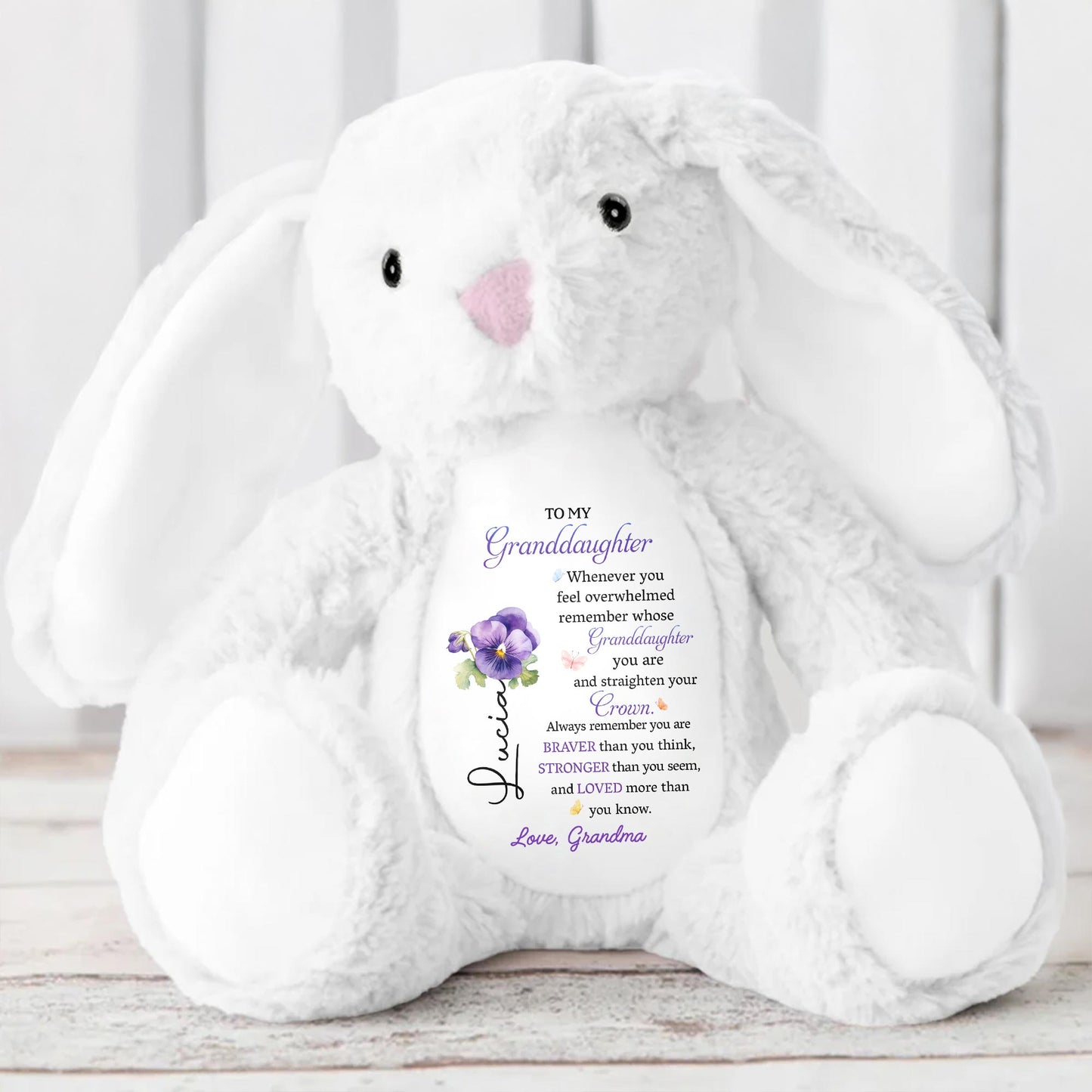 Straighten Your Crown You Are Braver Stronger Loved Personalized Birth Flower Stuffed Bunny, To My Granddaughter Whenever You Feel Overwhelmed Personalized Stuffed Bunny For For Daughter Granddaughter TD0020