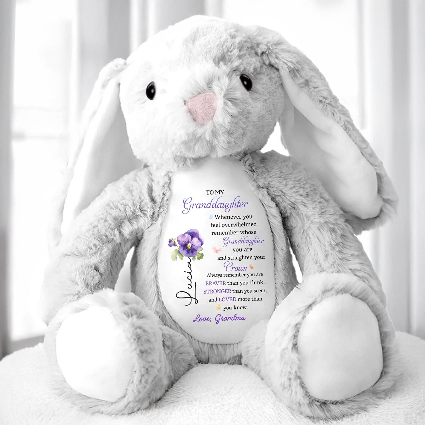 Straighten Your Crown You Are Braver Stronger Loved Personalized Birth Flower Stuffed Bunny, To My Granddaughter Whenever You Feel Overwhelmed Personalized Stuffed Bunny For For Daughter Granddaughter TD0020