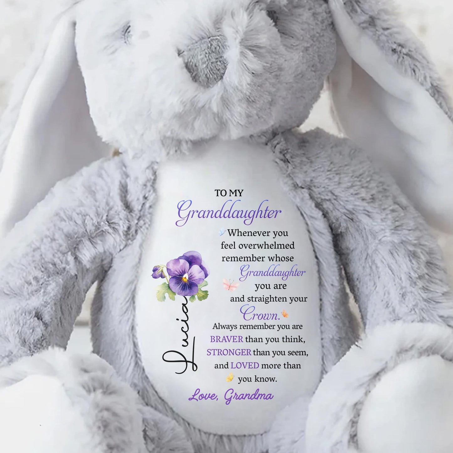 Straighten Your Crown You Are Braver Stronger Loved Personalized Birth Flower Stuffed Bunny, To My Granddaughter Whenever You Feel Overwhelmed Personalized Stuffed Bunny For For Daughter Granddaughter TD0020