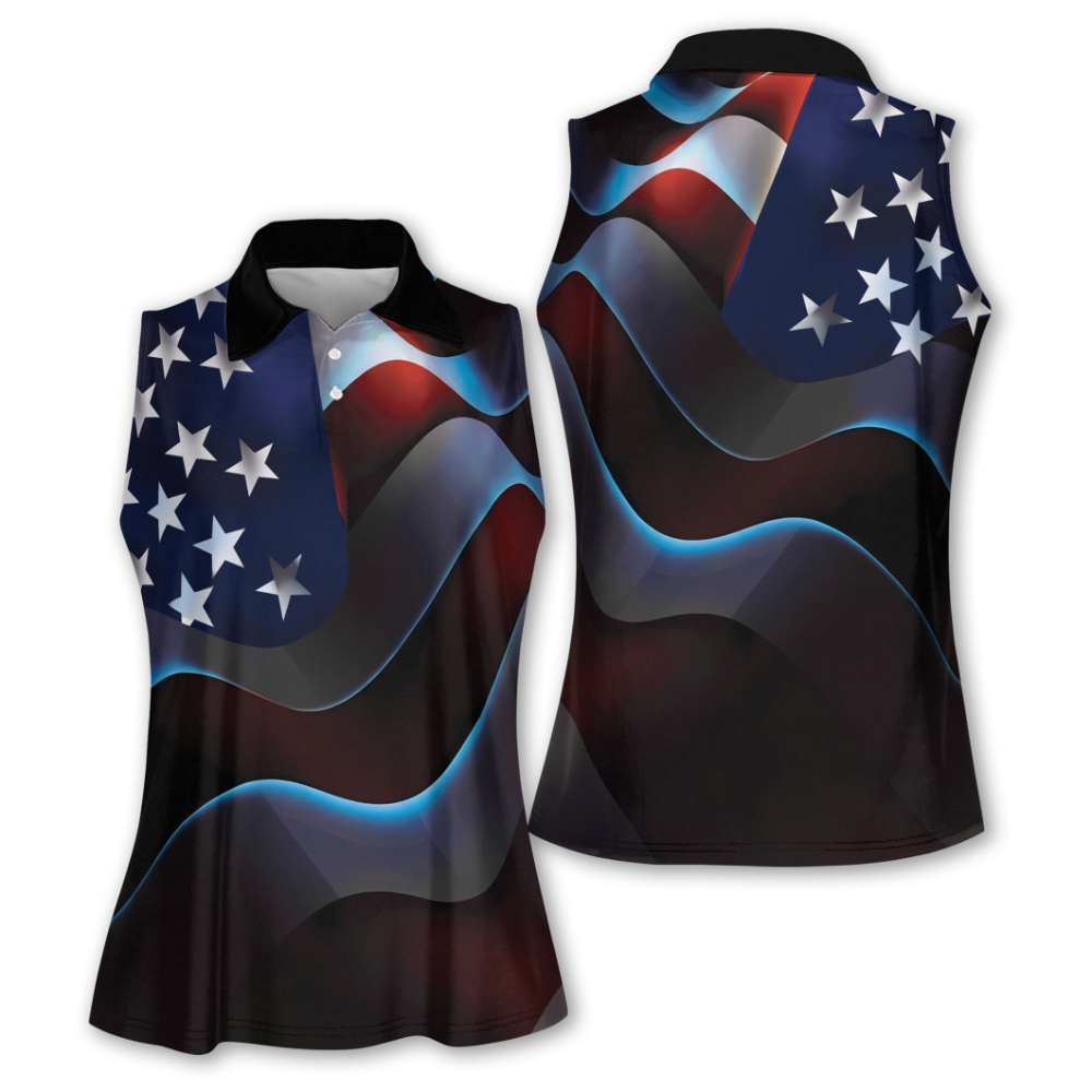 Neon American Flag Women's Sleeveless Golf Shirt, 4th Of July Patriot Golf Shirts For Ladies