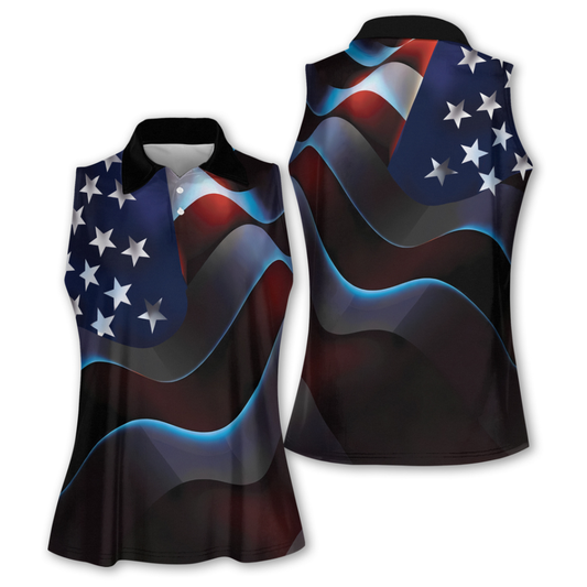 Neon American Flag Women's Sleeveless Golf Shirt, 4th Of July Patriot Golf Shirts For Ladies