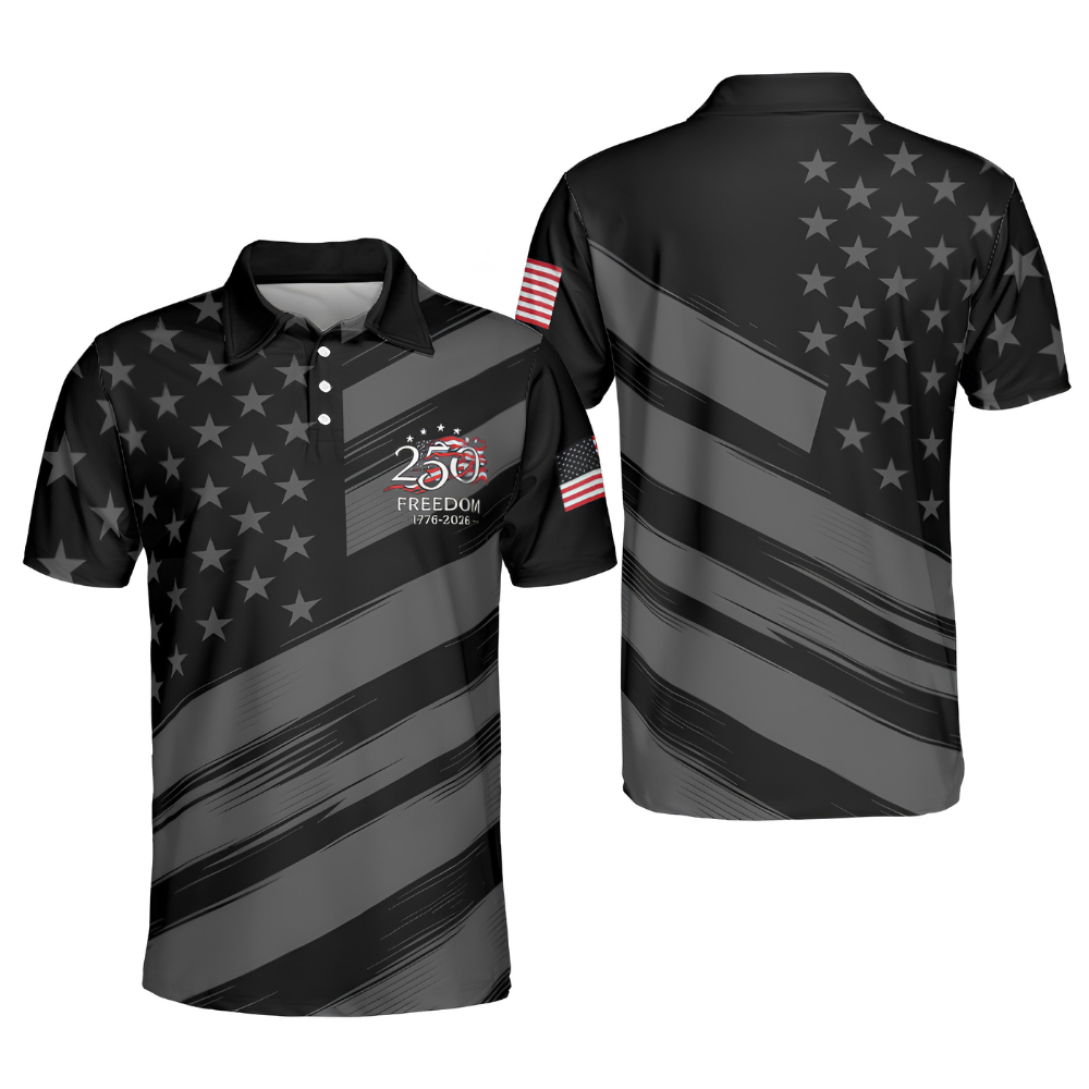 USA Flag 250 Freedom 1776-2026 Men's Black Golf Polo Shirt, Patriotic 4th Of July Golf Shirt GE0522
