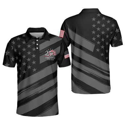USA Flag 250 Freedom 1776-2026 Men's Black Golf Polo Shirt, Patriotic 4th Of July Golf Shirt GE0522