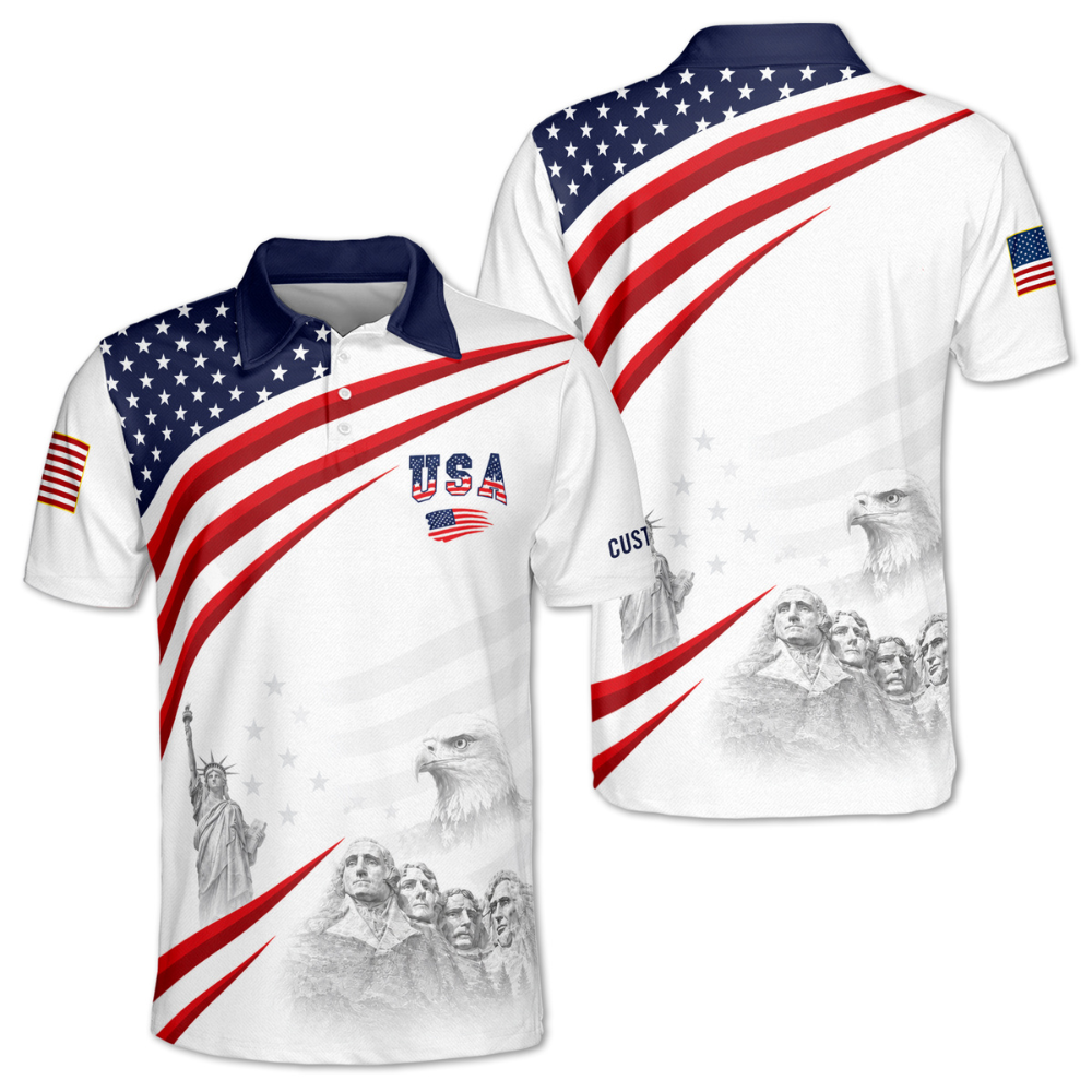 Custom USA Flag Golf Polo Shirt For Men, Custom Fourth Of July Patriotic Golf Shirts GE0531