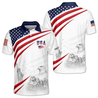 Custom USA Flag Golf Polo Shirt For Men, Custom Fourth Of July Patriotic Golf Shirts GE0531