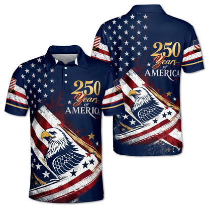 Eagle USA Flag 250 Years Of America Matching Golf Polo Shirt For Men Women, 4th Of July Couple Golf Shirts GE0552