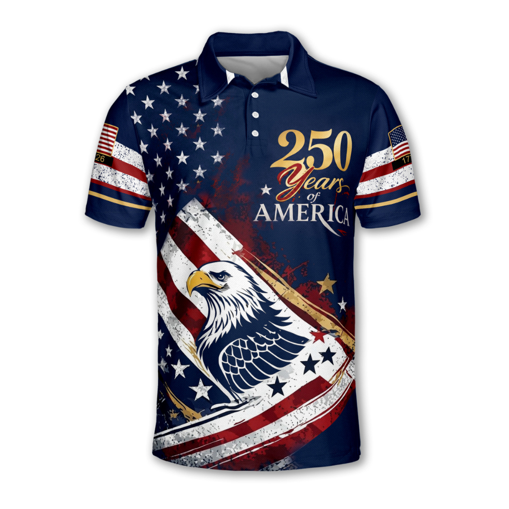 Eagle USA Flag 250 Years Of America Matching Golf Polo Shirt For Men Women, 4th Of July Couple Golf Shirts GE0552
