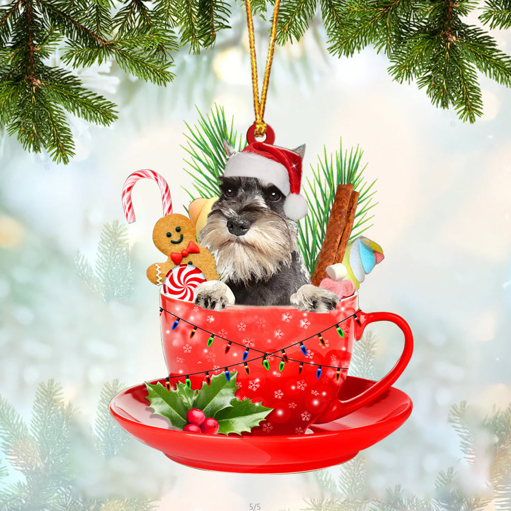 GREY Miniature Schnauzer In Cup Merry Christmas Ornament Flat Acrylic Dog Ornament OO1875