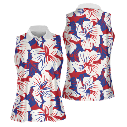 Blue Red White Floral Sleeveless Golf Shirt Women, Floral Golf Shirt For 4th Of July GZ0280