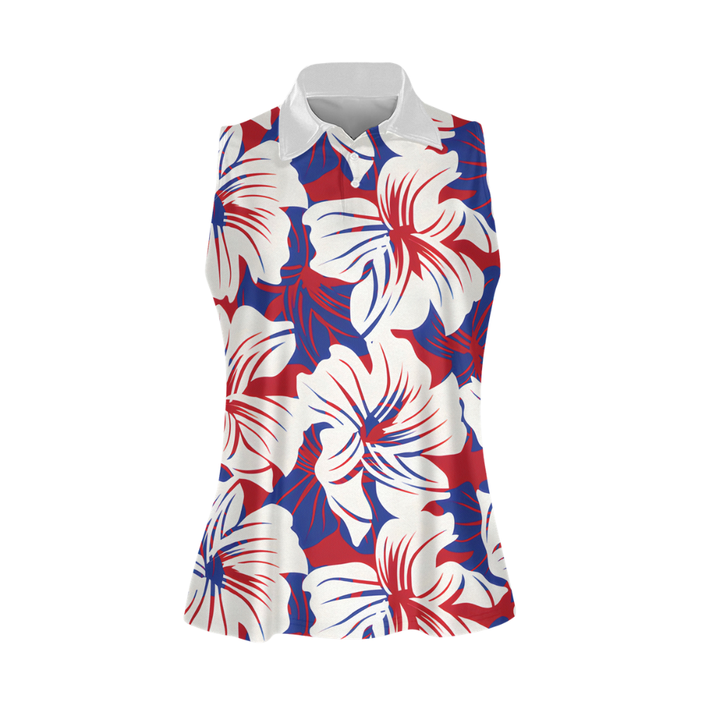 Blue Red White Floral Sleeveless Golf Shirt Women, Floral Golf Shirt For 4th Of July GZ0280