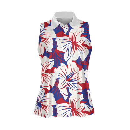 Blue Red White Floral Sleeveless Golf Shirt Women, Floral Golf Shirt For 4th Of July GZ0280