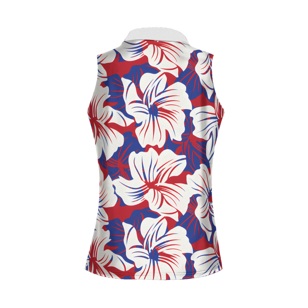 Blue Red White Floral Sleeveless Golf Shirt Women, Floral Golf Shirt For 4th Of July GZ0280