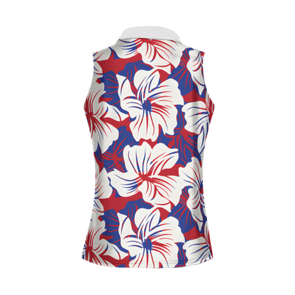 Blue Red White Floral Sleeveless Golf Shirt Women, Floral Golf Shirt For 4th Of July GZ0280