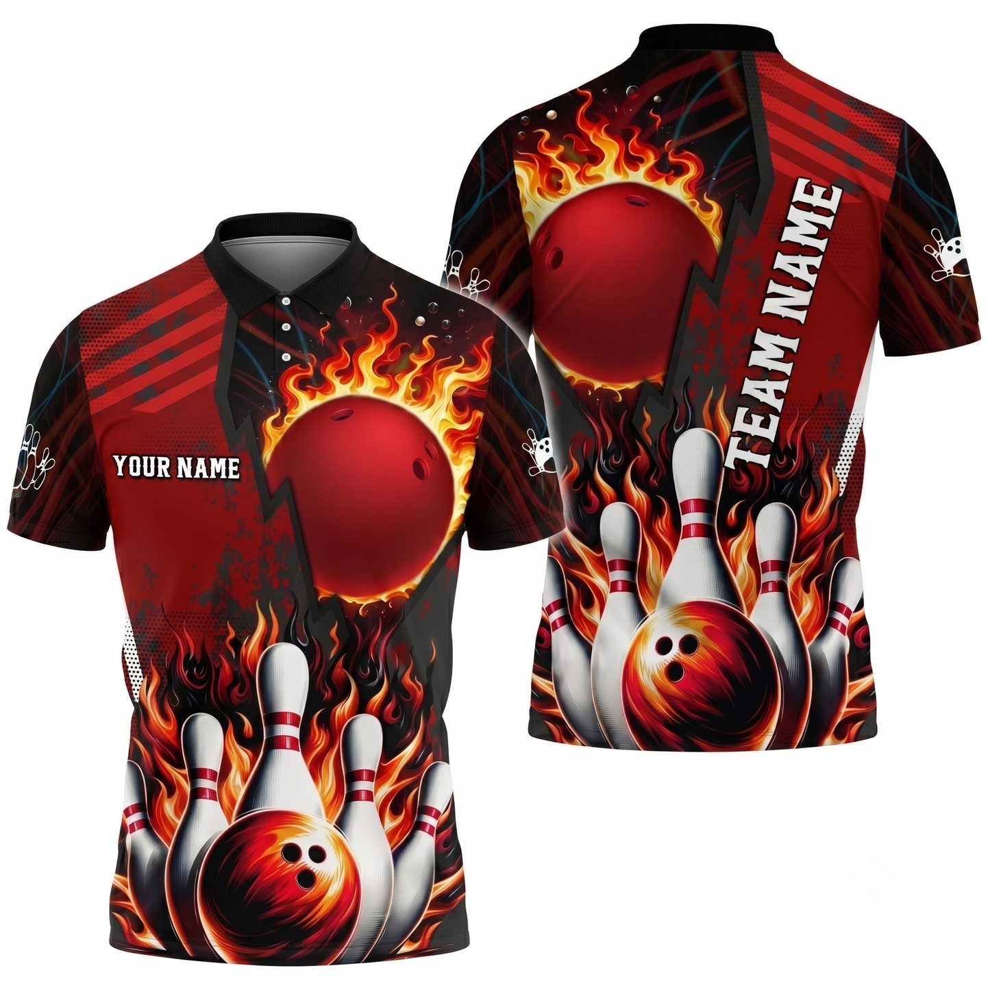 Custom Flame Ball Mens Bowling Polo Shirt, Custom Flame Bowling Shirt For Team BZ0812