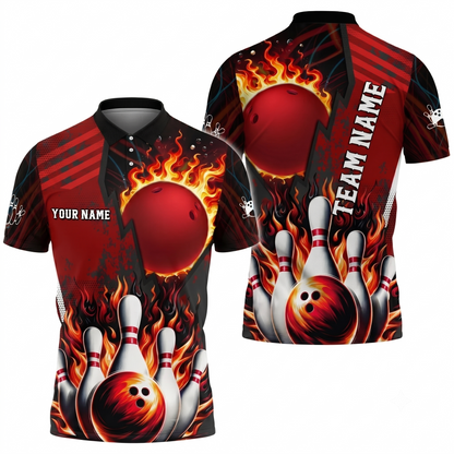 Custom Flame Ball Mens Bowling Polo Shirt, Custom Flame Bowling Shirt For Team BZ0812