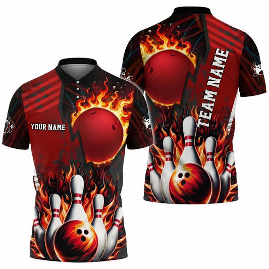 Custom Flame Ball Mens Bowling Polo Shirt, Custom Flame Bowling Shirt For Team BZ0812