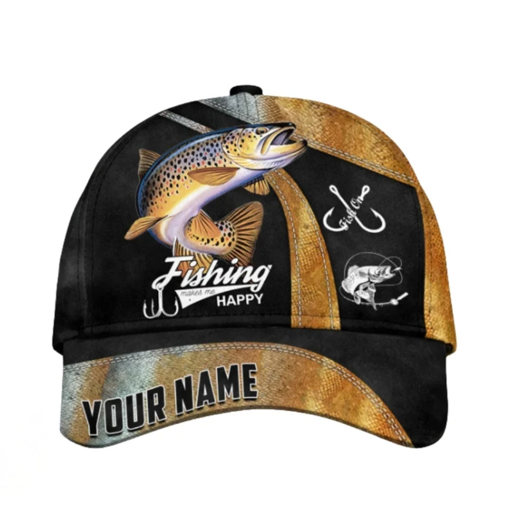 Custom Fishing Makes Me Happy Printed Baseball Cap, Custom Fishing Cap Hat CP0335
