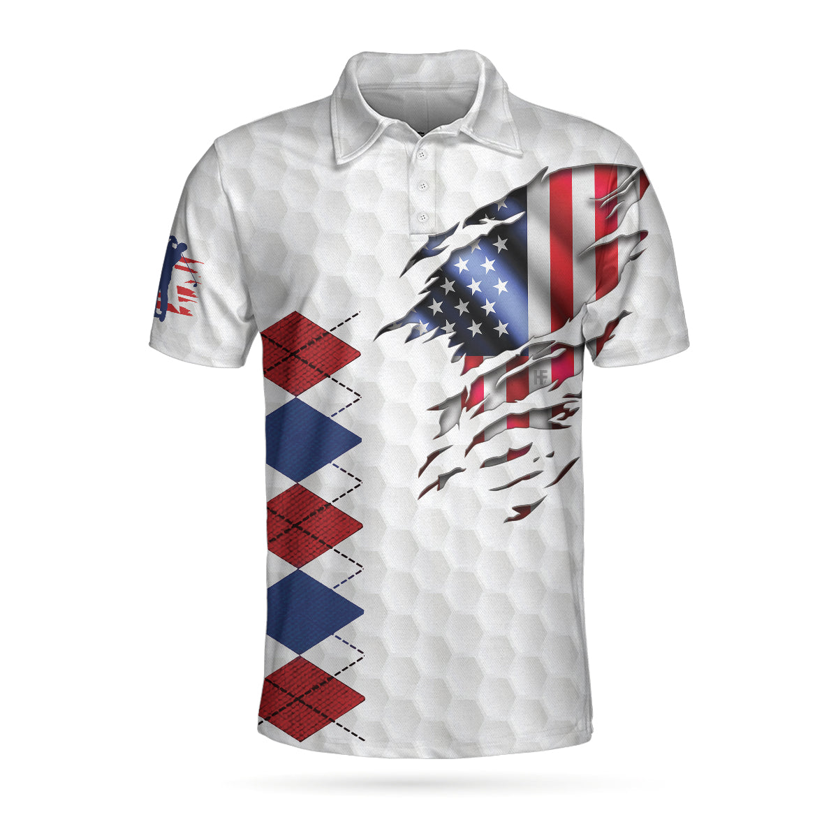 Golf American Flag Argyle Polo Shirt, White Golf Texture American Flag Polo Shirt, Patriotic Golf Shirt For Men Lasfour SO1410