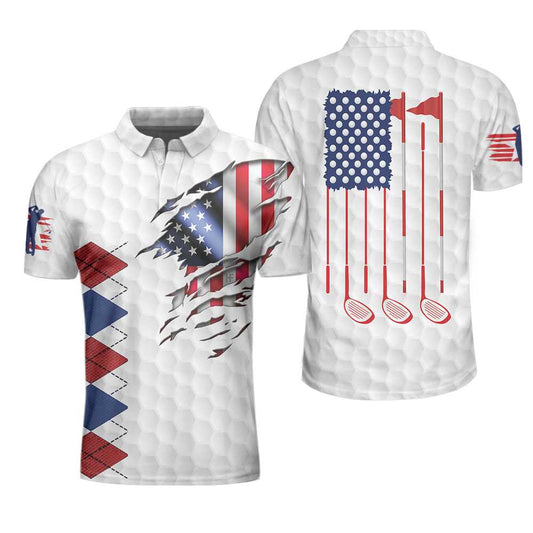 Golf American Flag Argyle Polo Shirt, White Golf Texture American Flag Polo Shirt, Patriotic Golf Shirt For Men Lasfour SO1410