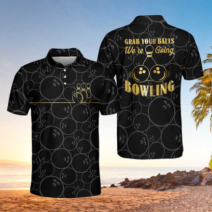 Grab Your Ball We'Re Going Bowling Polo Shirt, Bowling Ball Pattern Polo Shirt, Black Bowling Shirt For Men Lasfour SO0901