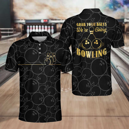 Grab Your Ball We'Re Going Bowling Polo Shirt, Bowling Ball Pattern Polo Shirt, Black Bowling Shirt For Men Lasfour SO0901